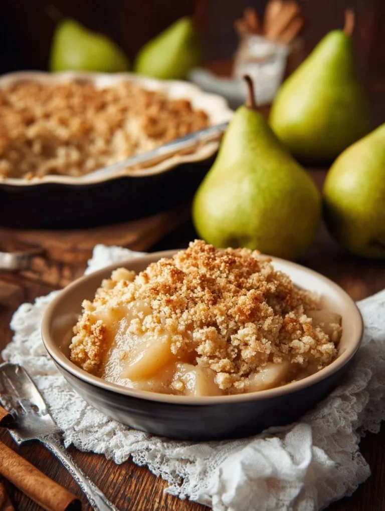 Delicious homemade Pear Crumble dessert with a golden crispy topping.