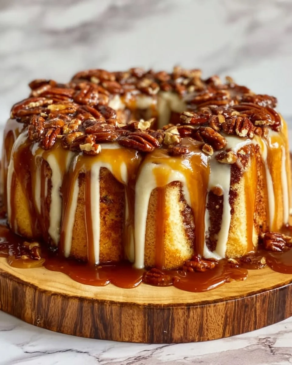 Pecan Caramel Cinnamon Roll Cream Cheese Pound Cake with a rich glaze