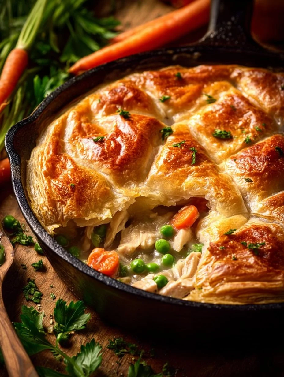 Puff pastry chicken pot pie served on a plate with a side of vegetables.