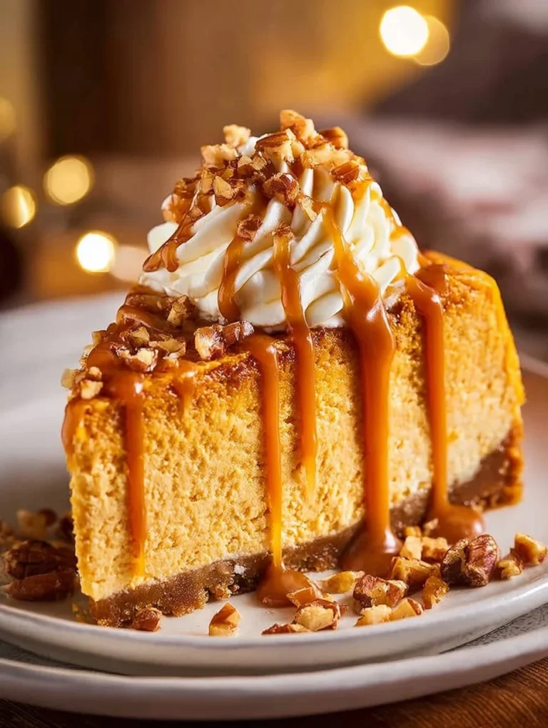 Delicious Pumpkin Cheesecake with Biscoff Crust and drizzled caramel sauce
