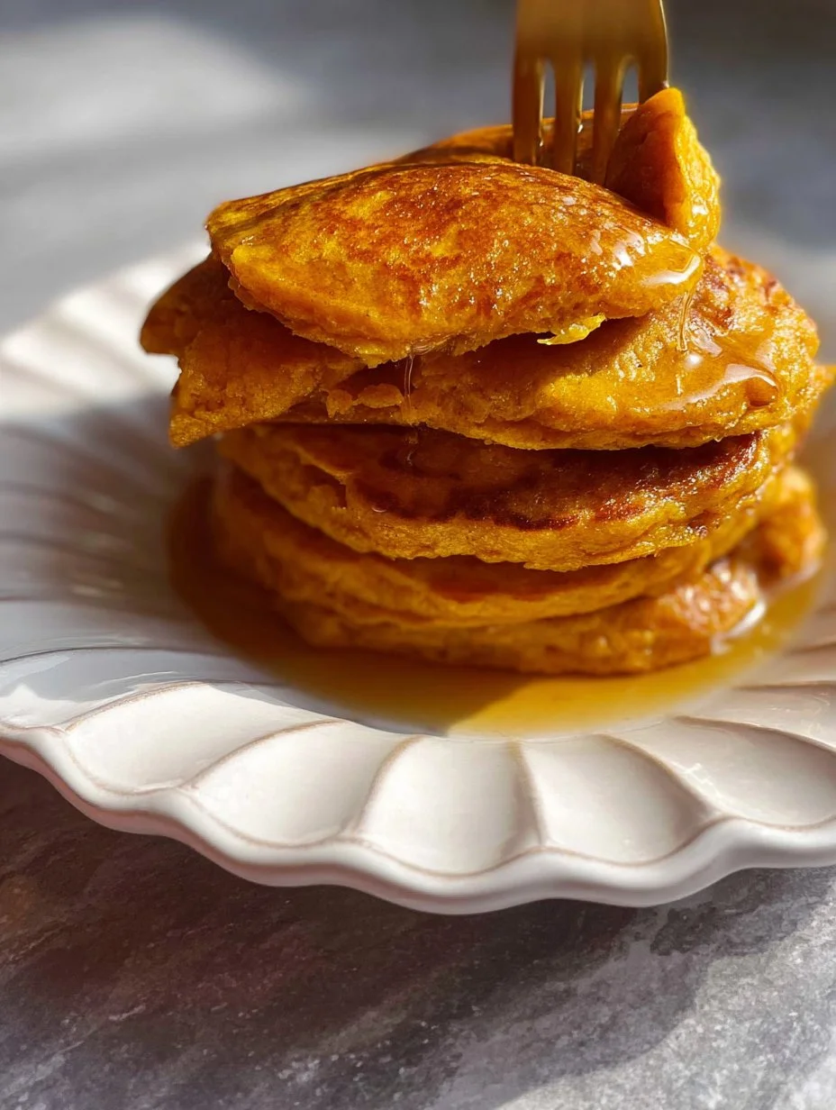 Fluffy pumpkin pancakes made with pancake mix, topped with maple syrup and whipped cream.