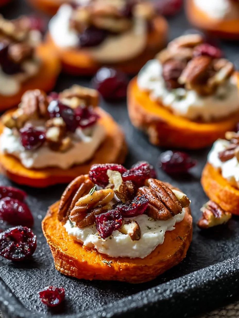 Roasted sweet potato rounds topped with goat cheese, cranberries, and pecans