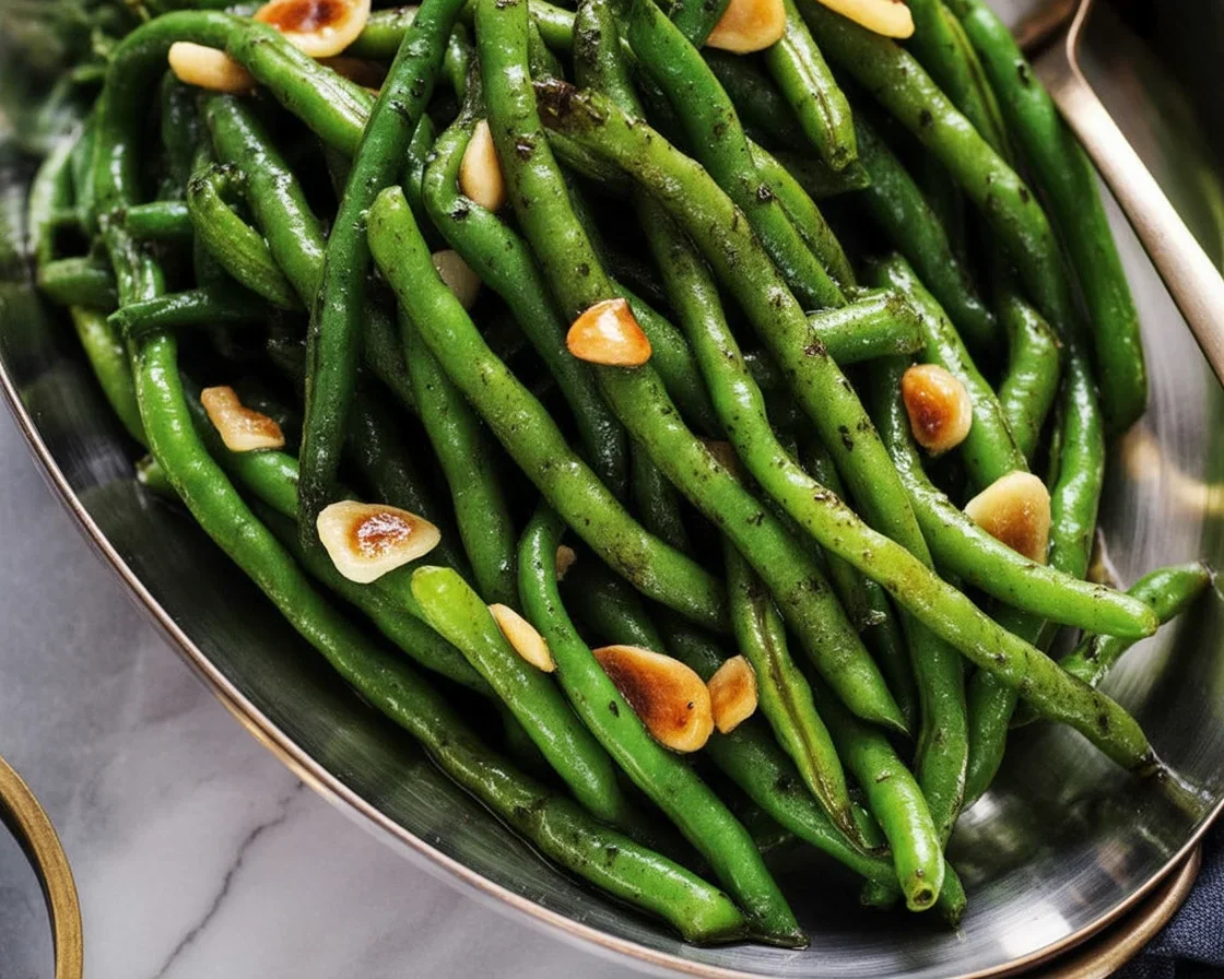 Sautéed Garlic Butter Green Beans served in a skillet with fresh garlic