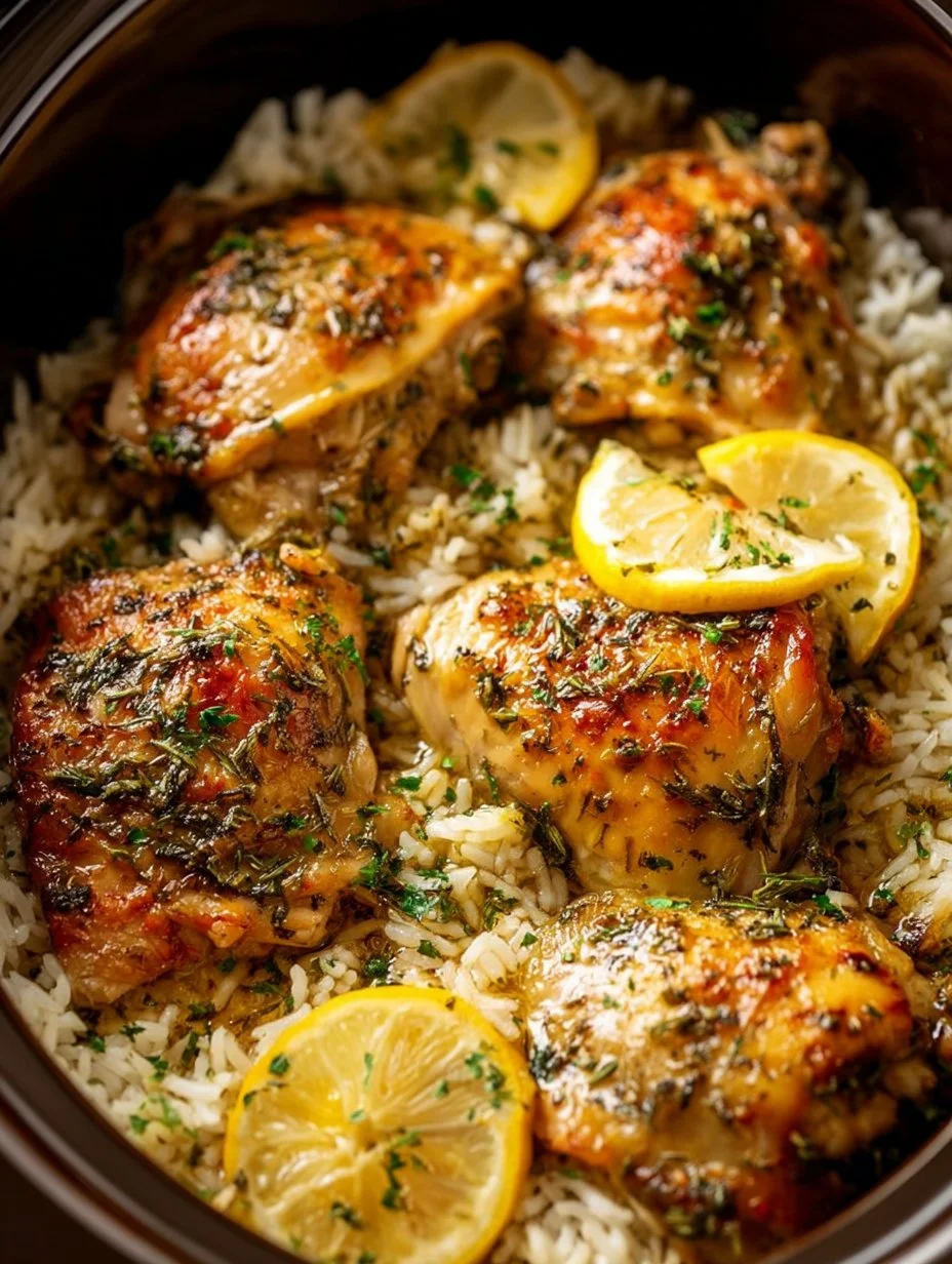 Slow cooker lemon herb chicken with fresh herbs and lemon slices