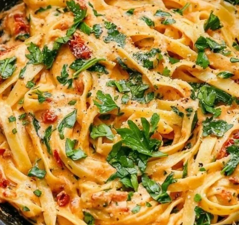 Vegan creamy sun-dried tomato pasta served in a bowl with fresh basil
