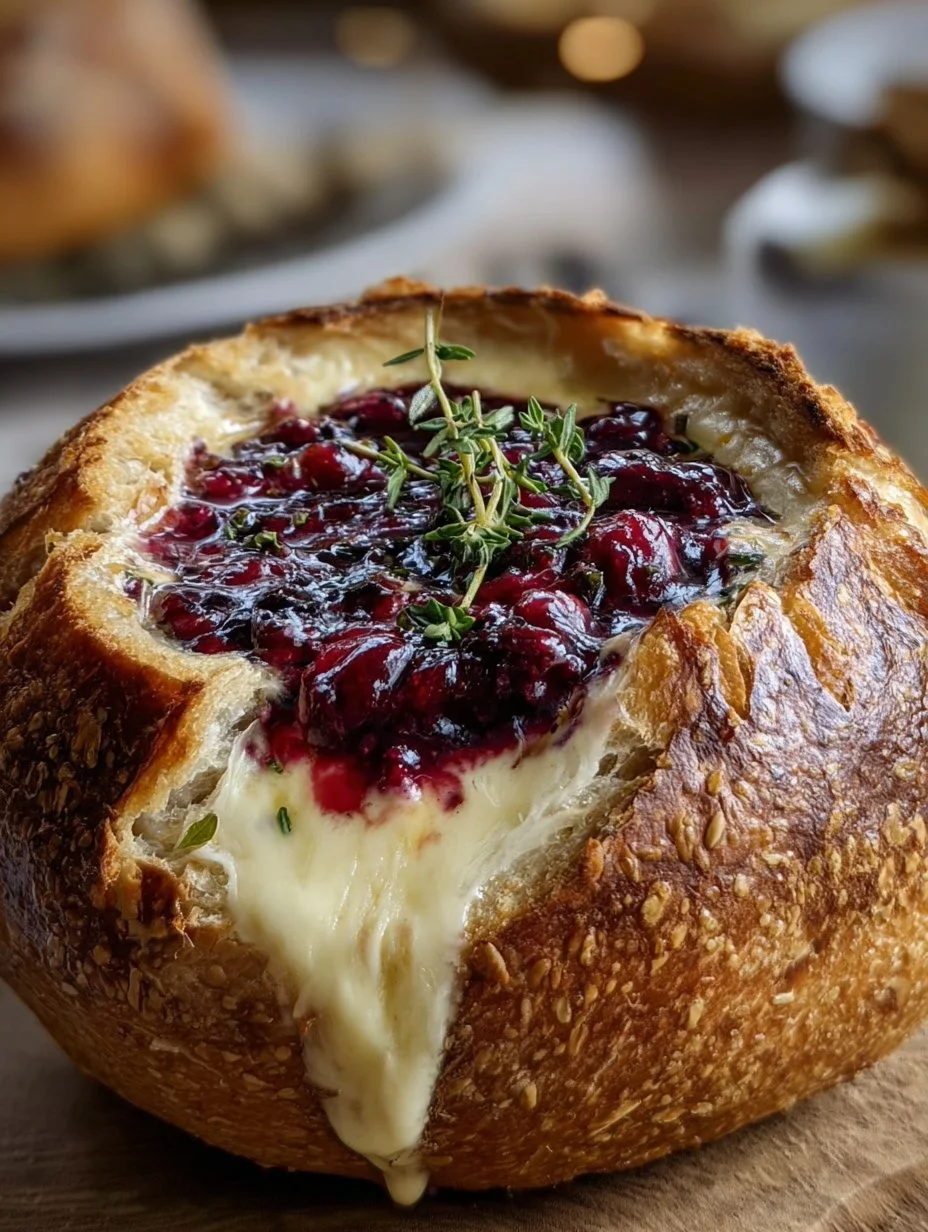 Warm Brie Bread Bowl with Cranberry and Thyme served in a crusty bread container.