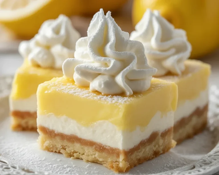 Lazy Day Lemon Cream Pie Bars with creamy lemon topping and graham cracker crust.