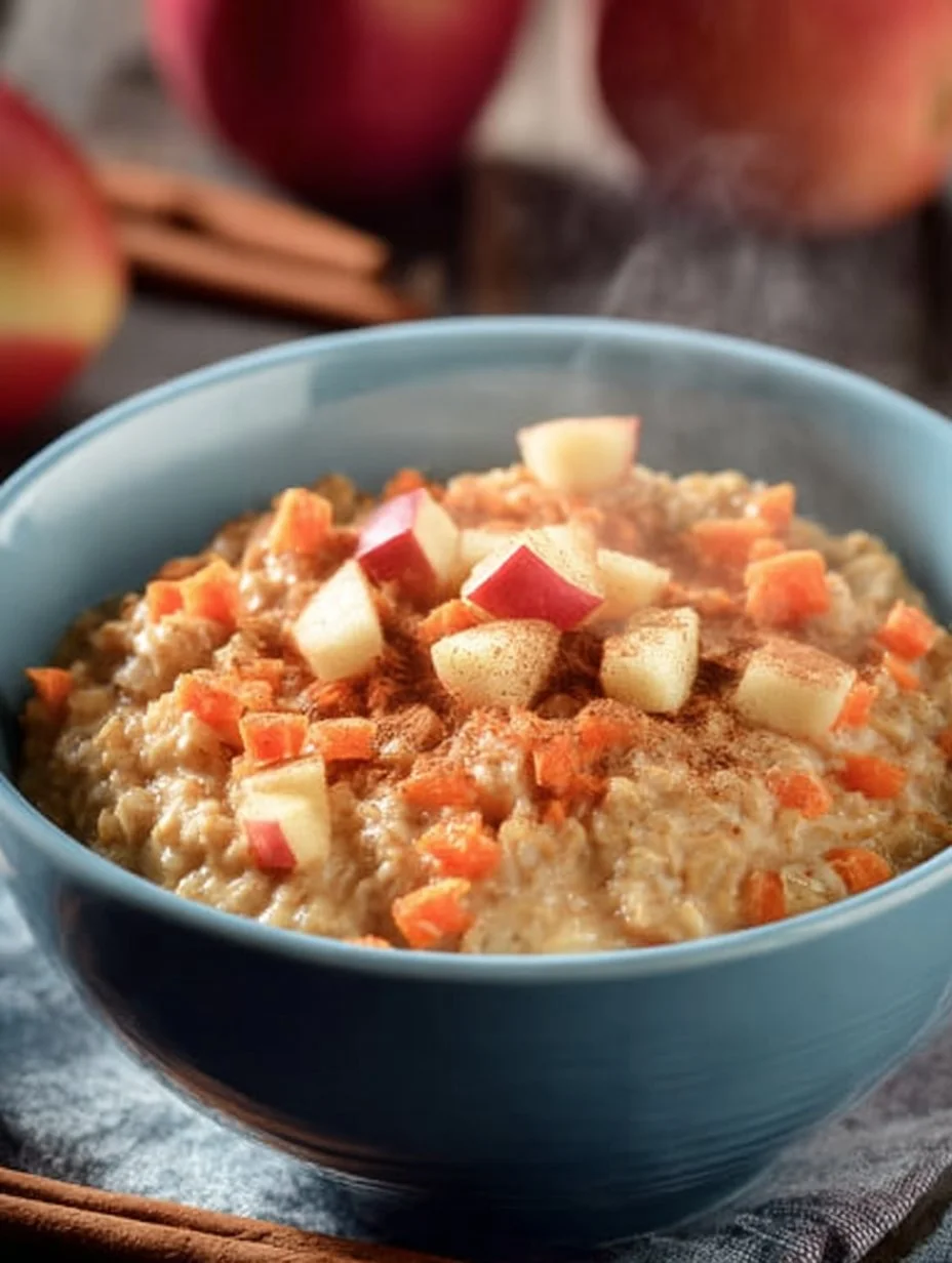 Bowl of 10-Minute Apple Carrot Oatmeal topped with fresh apples and carrots