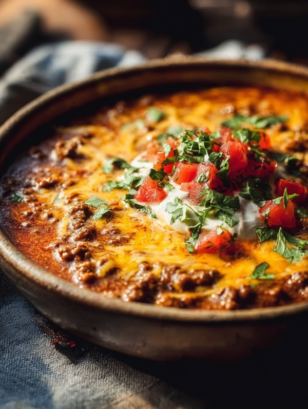 Hearty chili topped with fresh ingredients Beef Enchilada Chili