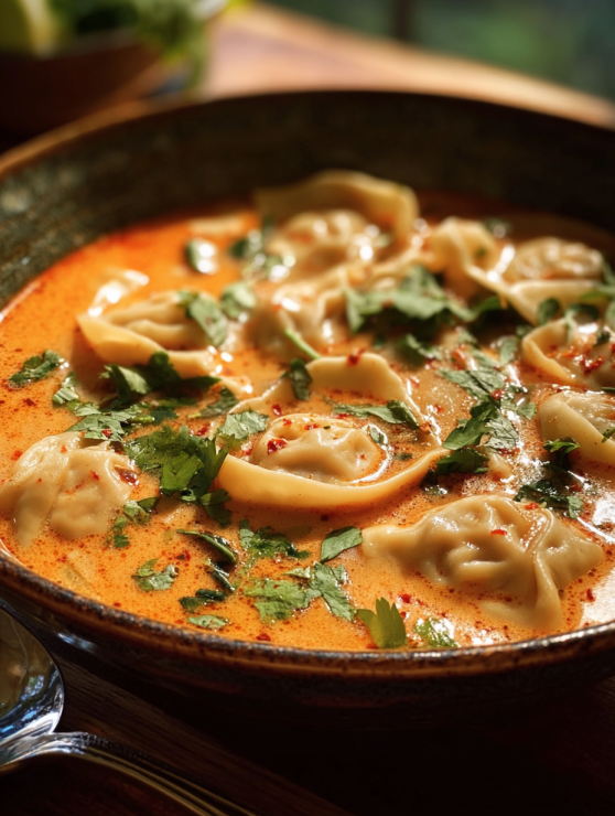 Delicious Red Curry Pot Sticker Soup in a bowl