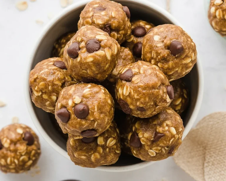 Almond Butter Pumpkin Protein Balls with oats, pumpkin puree, and chocolate chips.