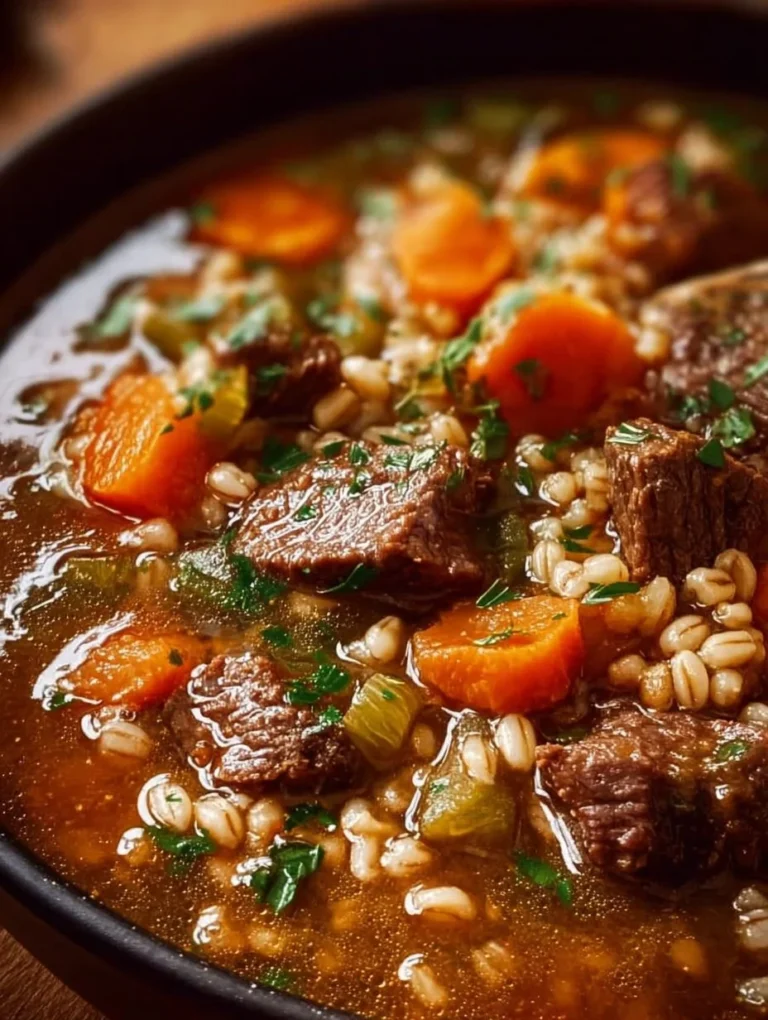 Hearty beef barley stew with tender meat and fresh vegetables Beef and Barley Stew