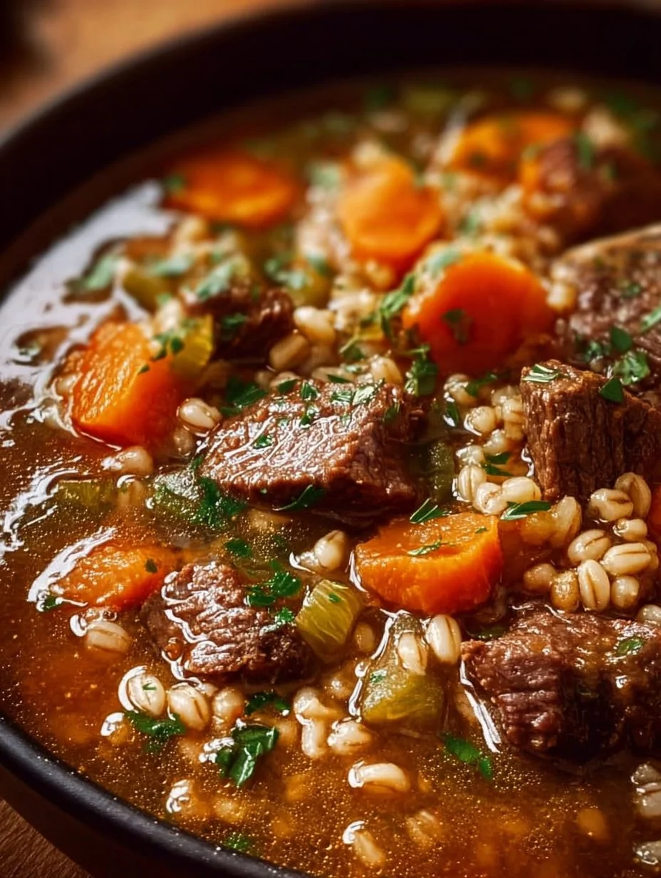 Hearty beef barley stew with tender meat and fresh vegetables Beef and Barley Stew