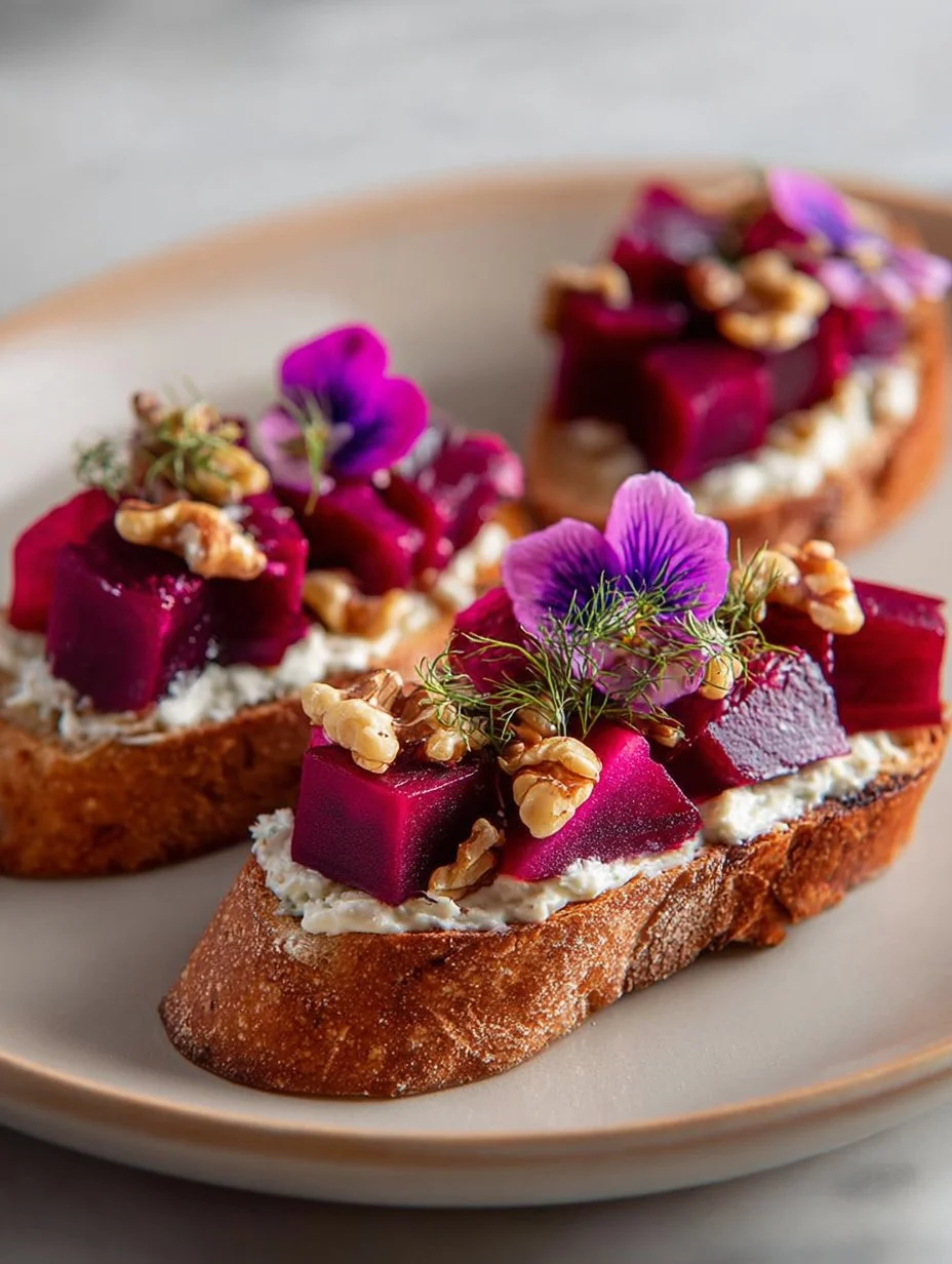 Beetroot goat cheese crostini garnished and ready to serve.