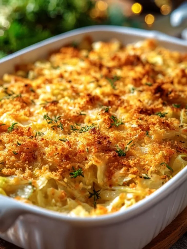 Cheesy Cabbage Casserole served in a baking dish with melted cheese on top