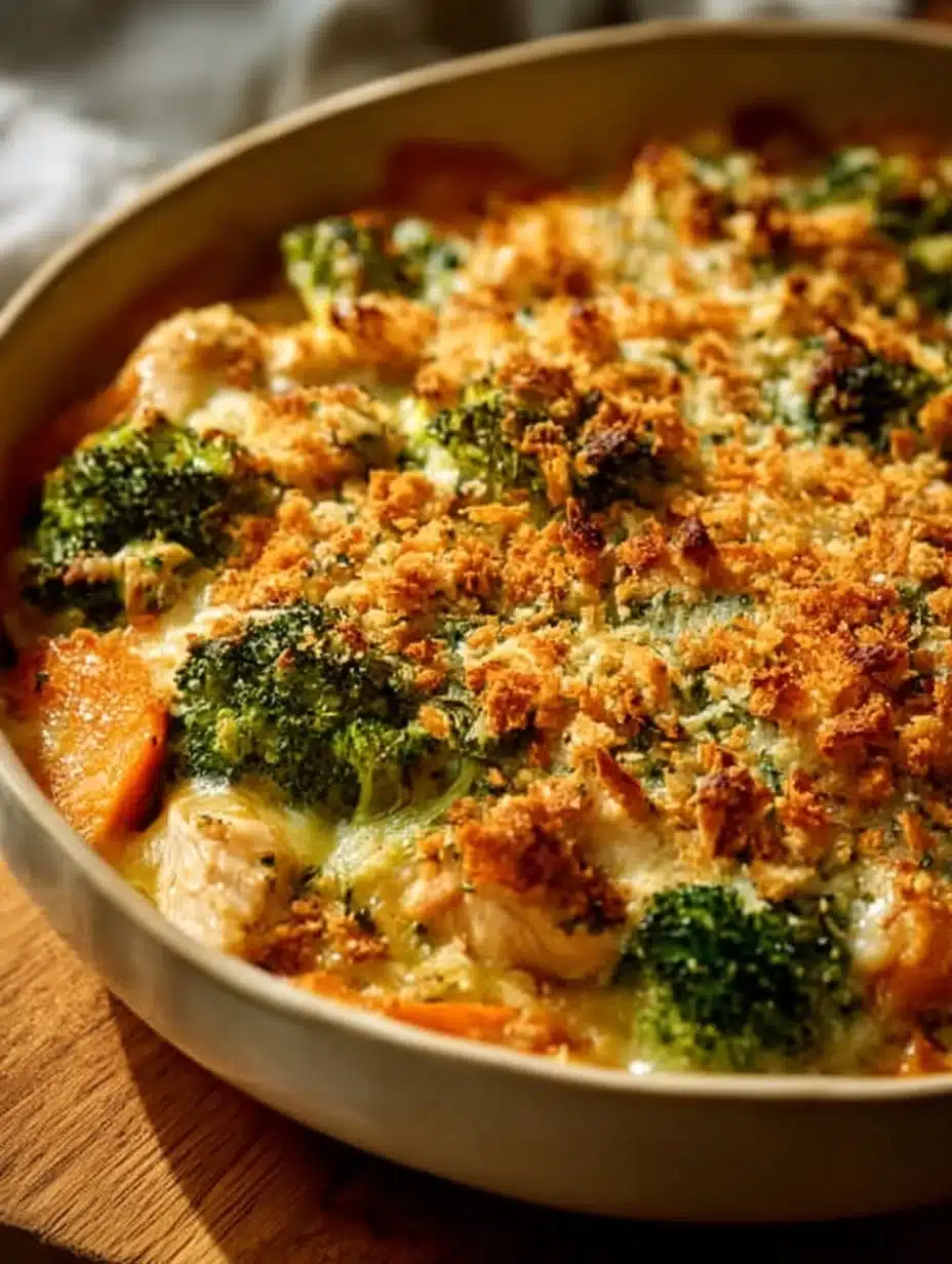 Cheesy chicken casserole with sweet potato and broccoli in a baking dish