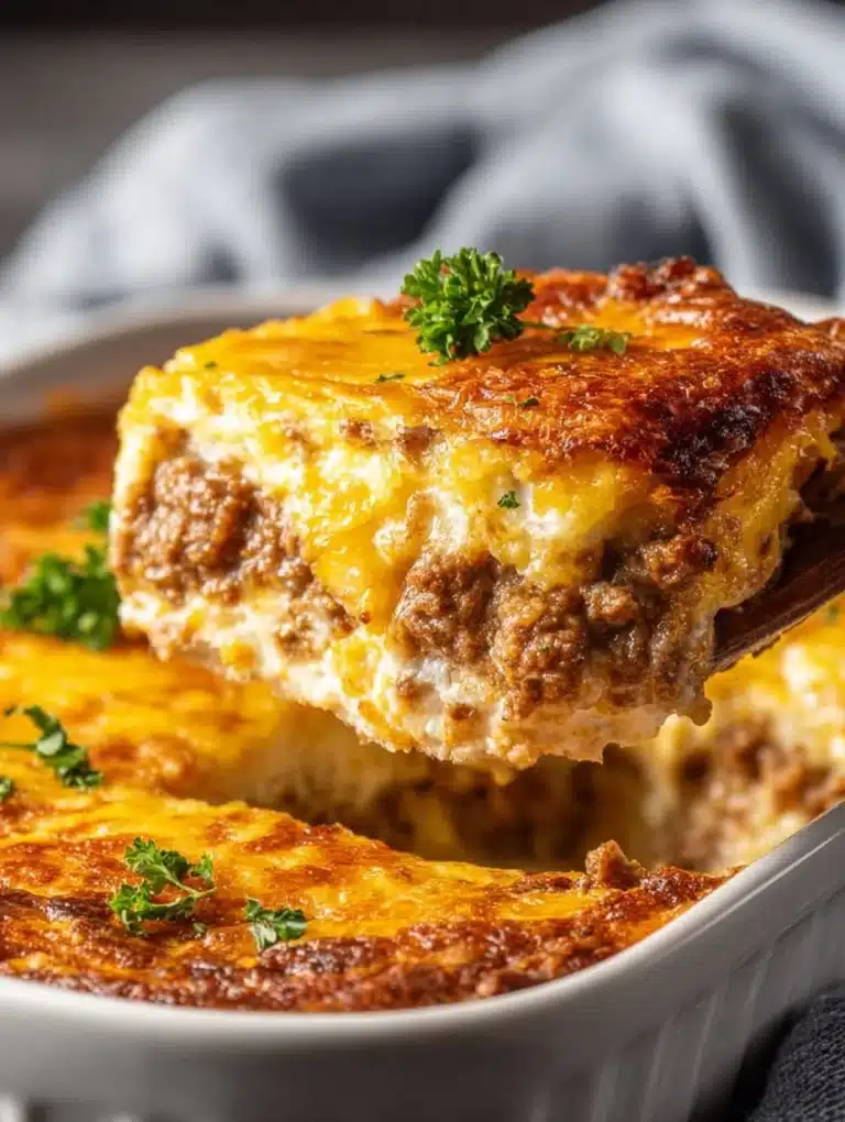 Cheesy Keto Ground Beef Casserole served in a baking dish