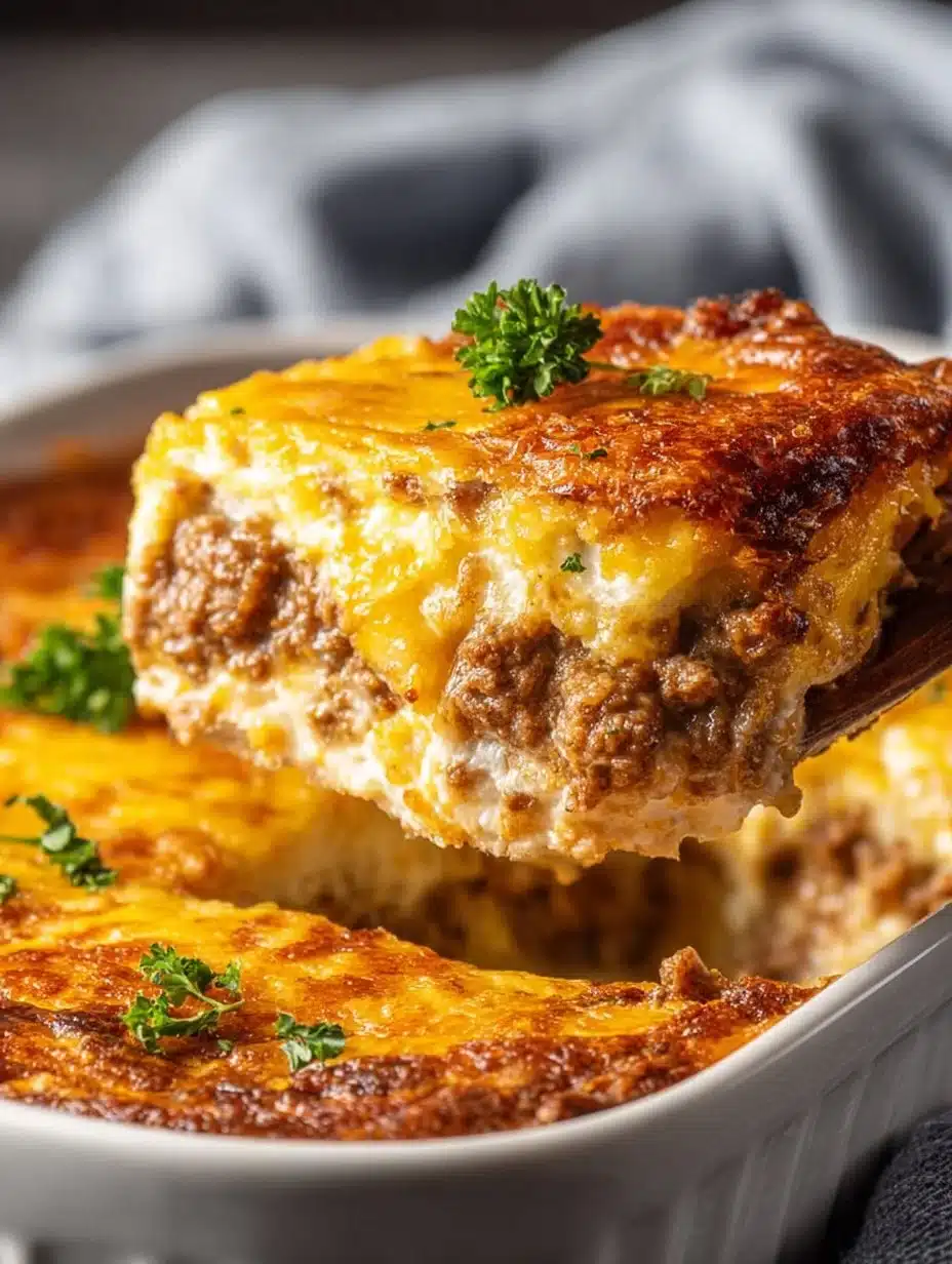 Cheesy Keto Ground Beef Casserole served in a baking dish