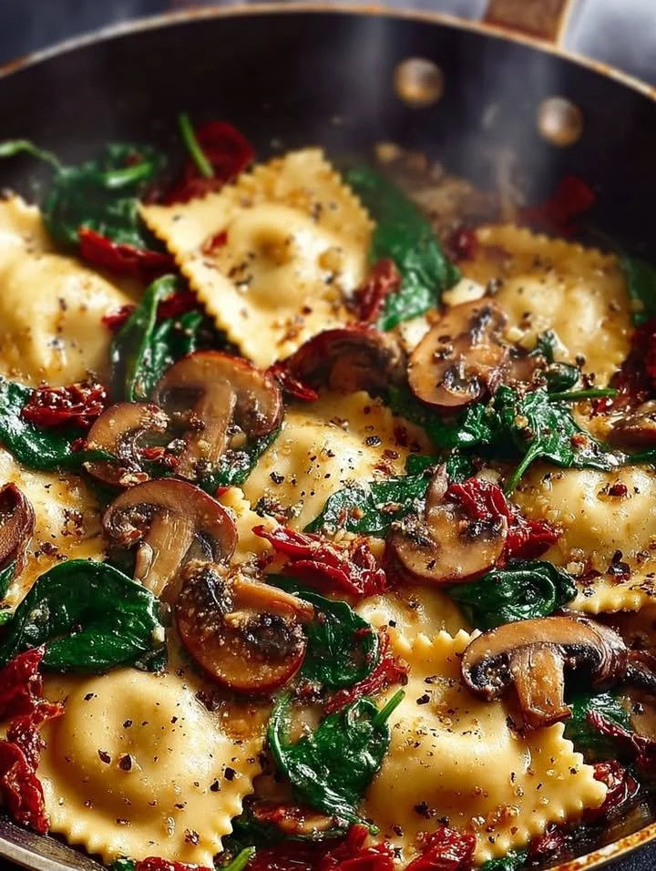 Cheesy ravioli with spinach, mushrooms, and sun-dried tomatoes on a plate