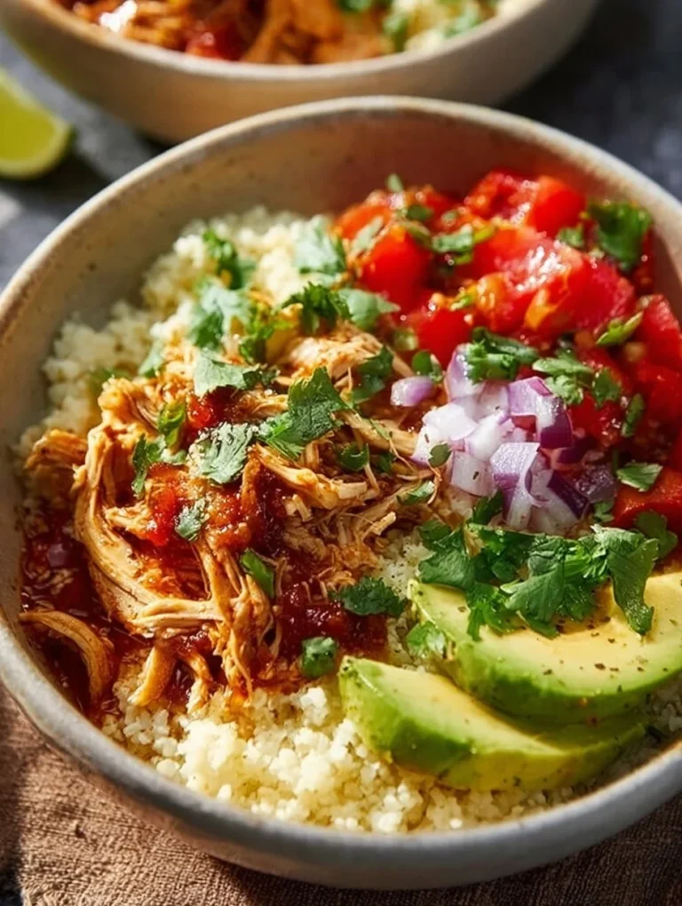 Chicken enchilada bowl topped with fresh ingredients and served with cauliflower rice