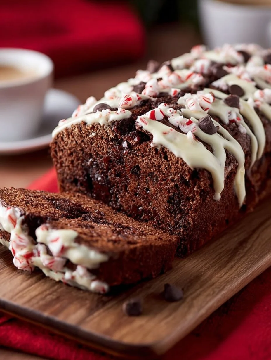 Sliced Chocolate Peppermint Bread garnished with fresh peppermint leaves.