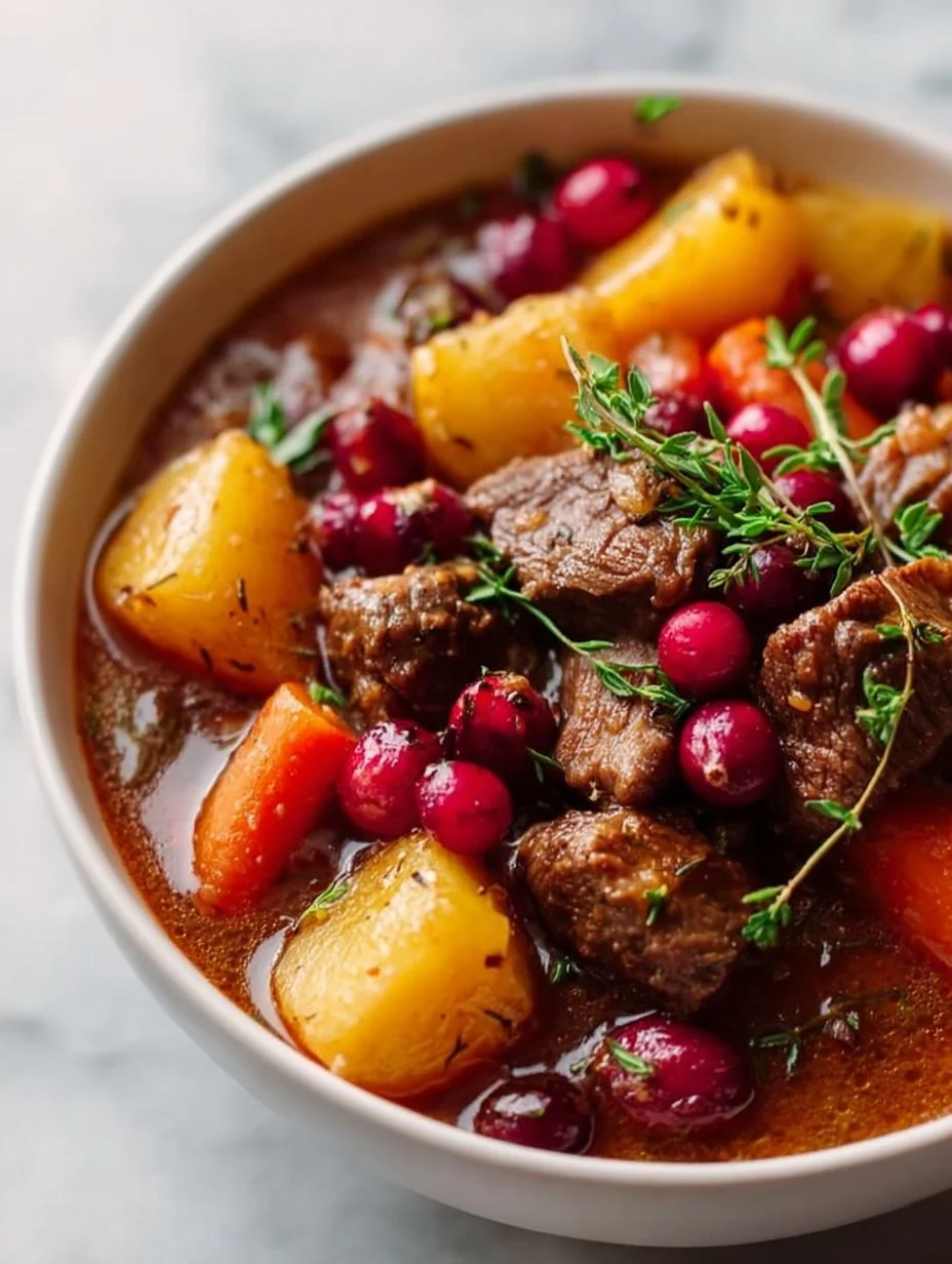 Cranberry Apple Beef Stew in a white bowl garnished with fresh herbs.