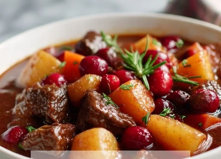 Cranberry apple beef stew with tender beef, cranberries, and apples in a bowl.