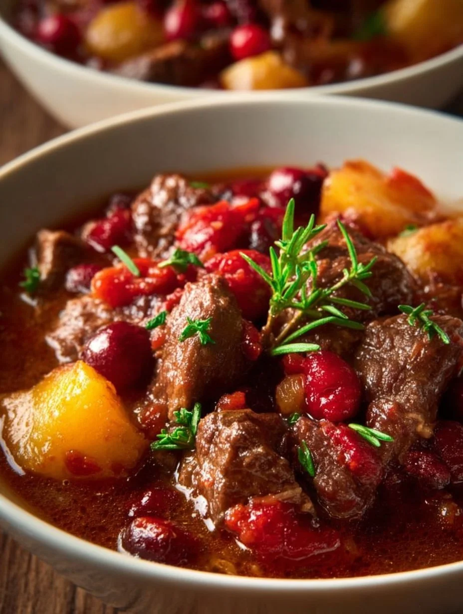 Bowl of Cranberry Apple Beef Stew with chunks of beef and fruits
