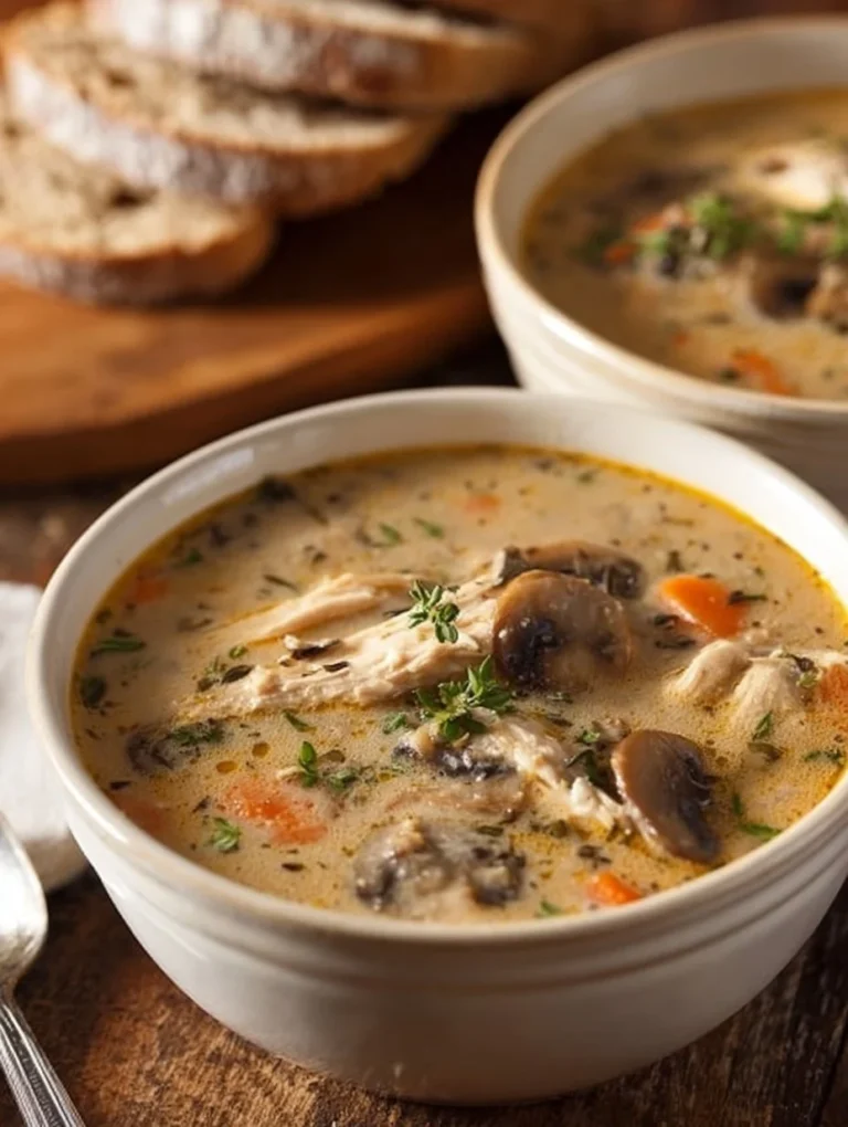 Creamy chicken and mushroom soup in a bowl, garnished with herbs