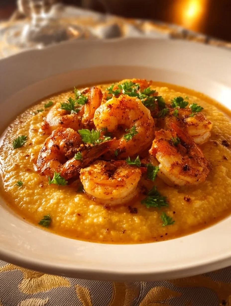 Delicious plate of creamy Creole shrimp and grits garnished with herbs