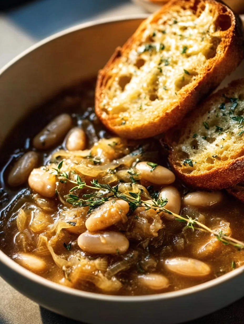 Creamy French onion white beans dish garnished with herbs.