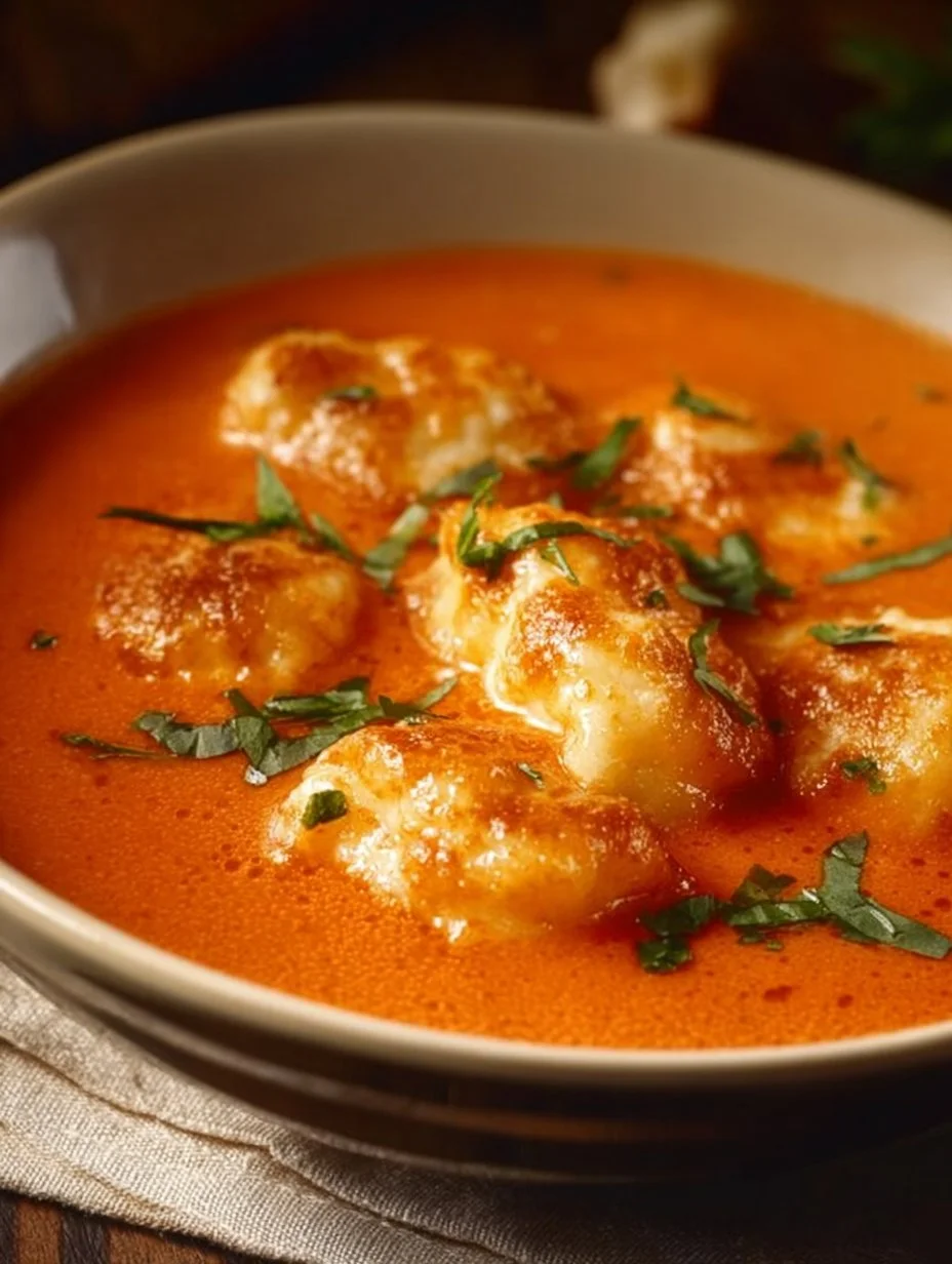 Creamy tomato soup topped with cheddar bay dumplings in a bowl