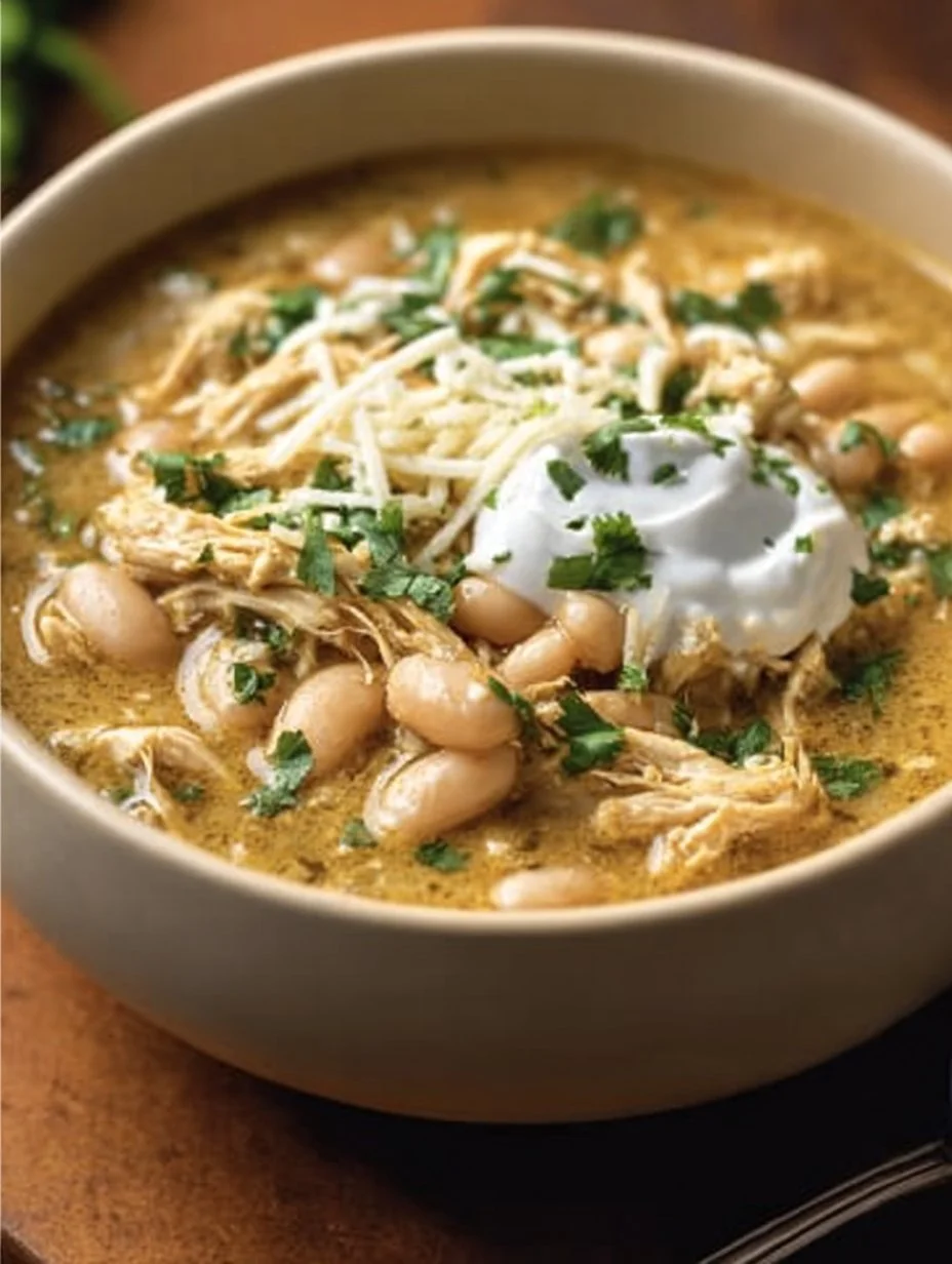 Bowl of creamy white chicken chili topped with cilantro and avocado