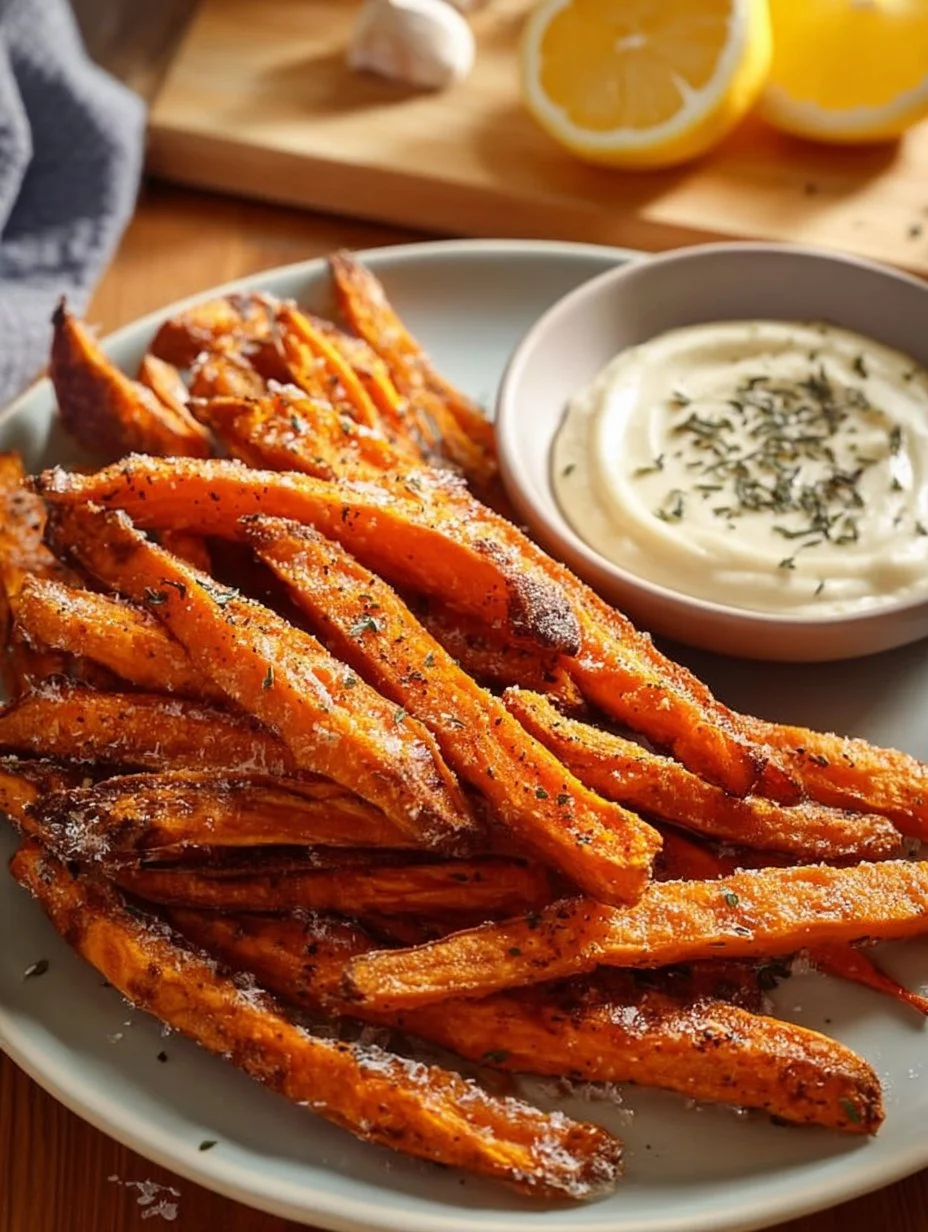 Crispy baked sweet potato fries with garlic aioli on a plate