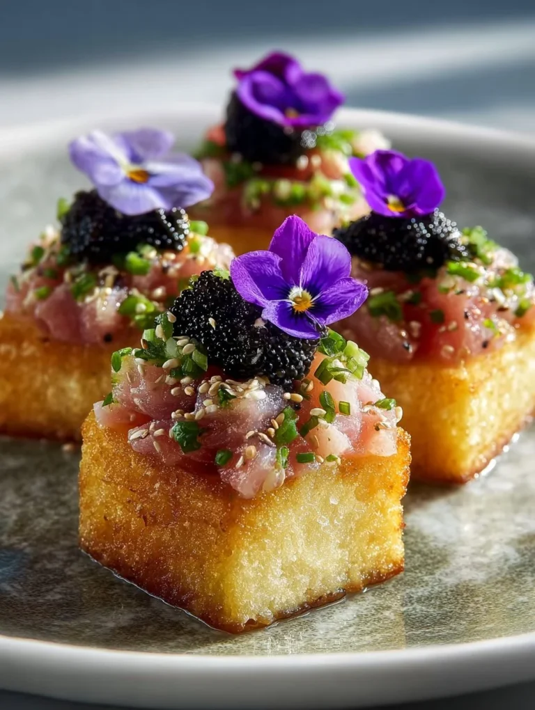 Crispy Brioche with Tuna Tartare, Caviar, and Viola Blossom plated elegantly.