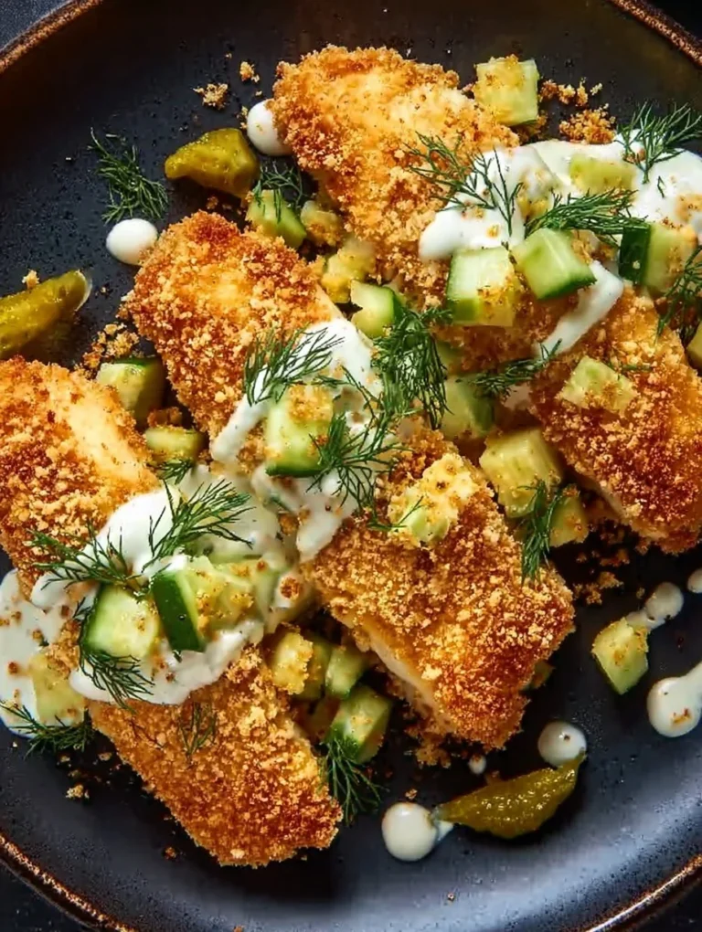 Crispy Dill Pickle Parmesan Chicken plated with fresh herbs and garnishes