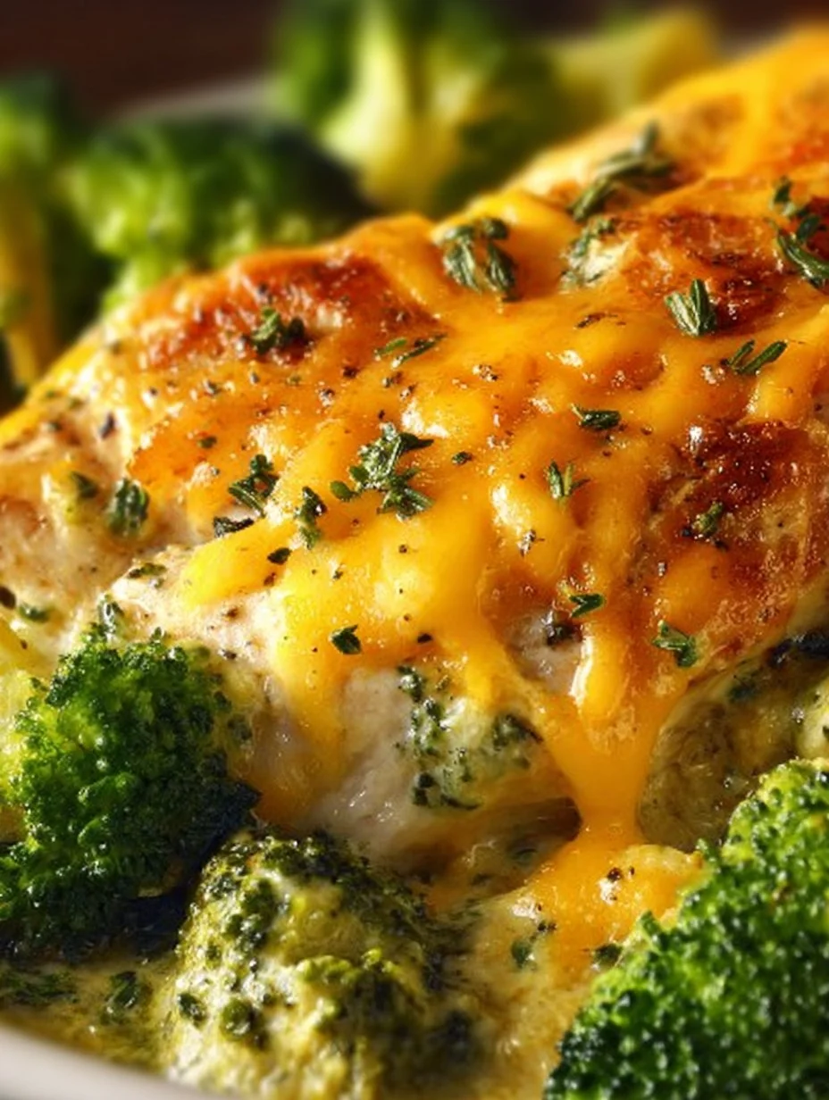 Delicious plate of Crockpot Creamy Broccoli Cheddar Chicken garnished with fresh herbs.