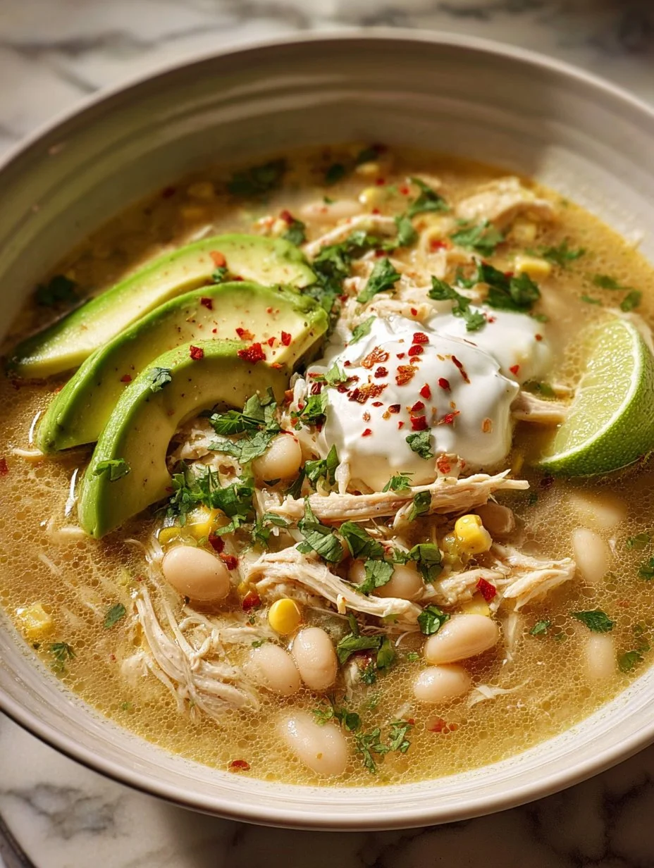 Bowl of crockpot white chicken chili topped with cilantro and avocado