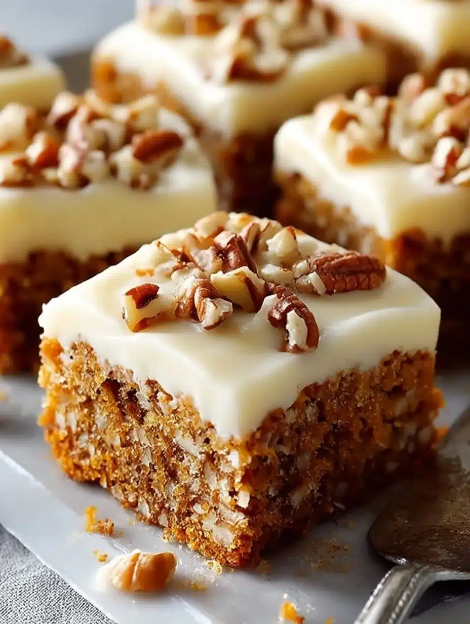 Decadent carrot cake bars with cream cheese frosting on a white plate