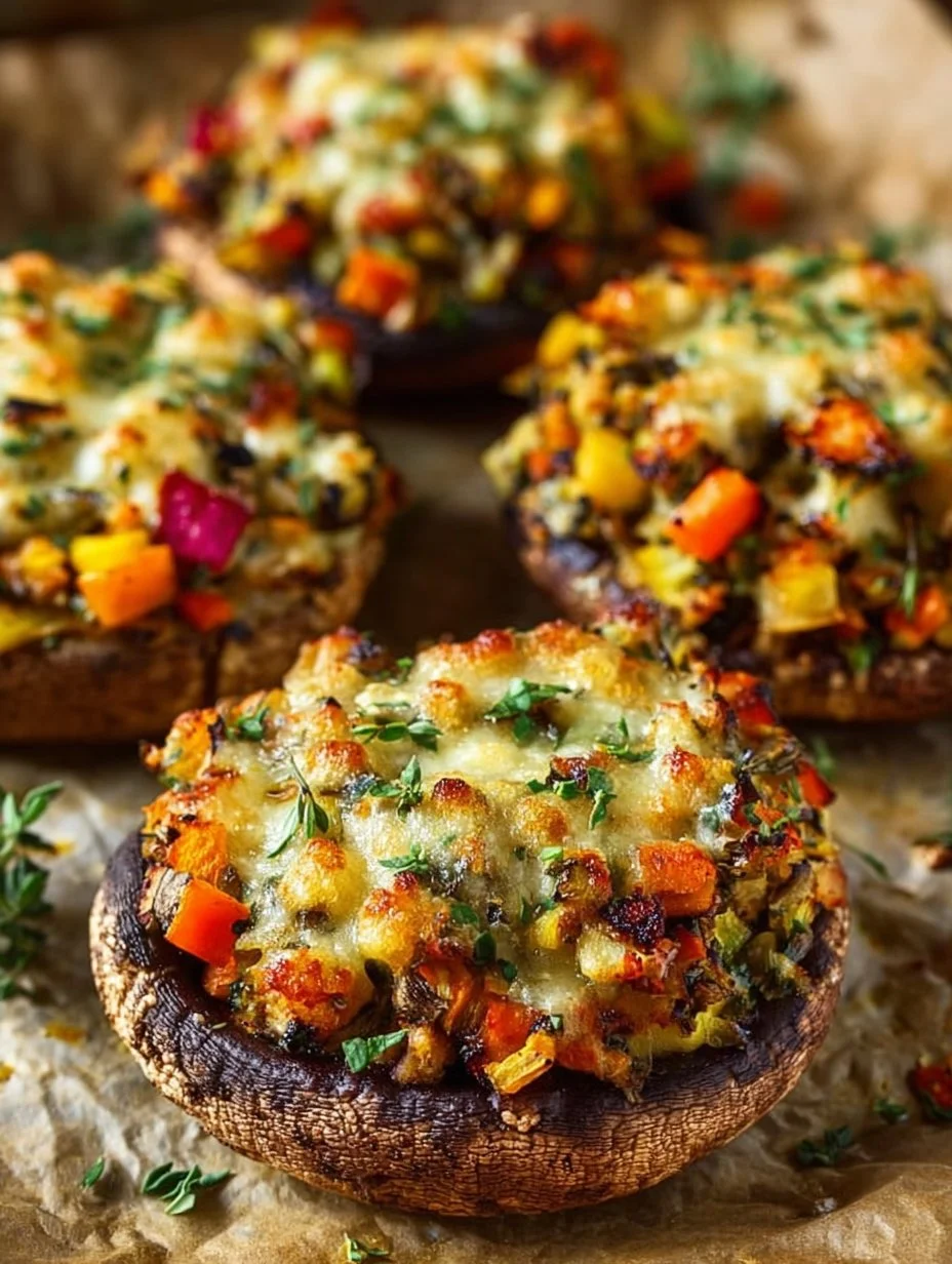 Delicious autumn harvest stuffed portobello mushrooms filled with seasonal vegetables.