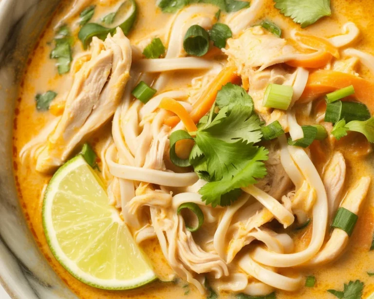 Delicious bowl of Easy Thai Coconut Chicken Soup with aromatic herbs and spices.