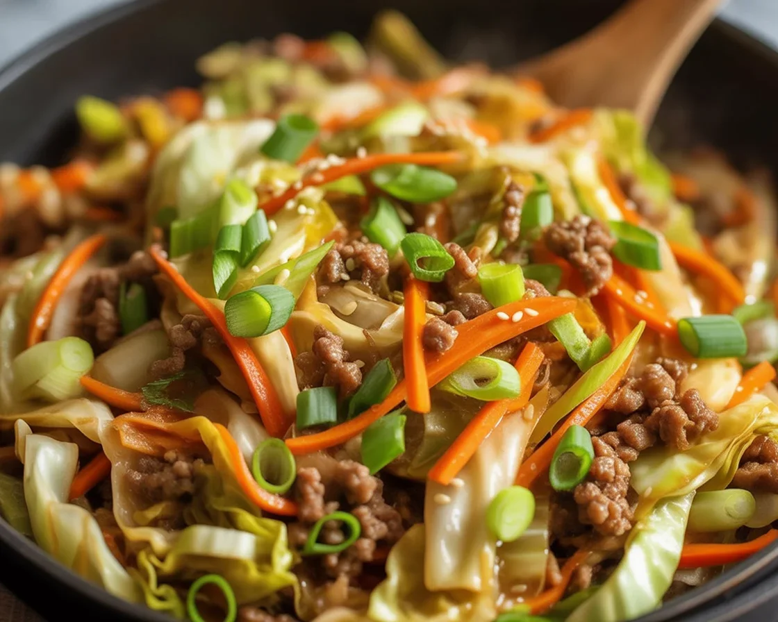 Healthy Chinese Ground Beef & Cabbage Stir Fry with fresh veggies and spices