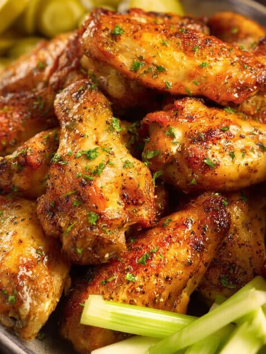 Delicious Dill Pickle Chicken Wings served with dipping sauce and pickles.