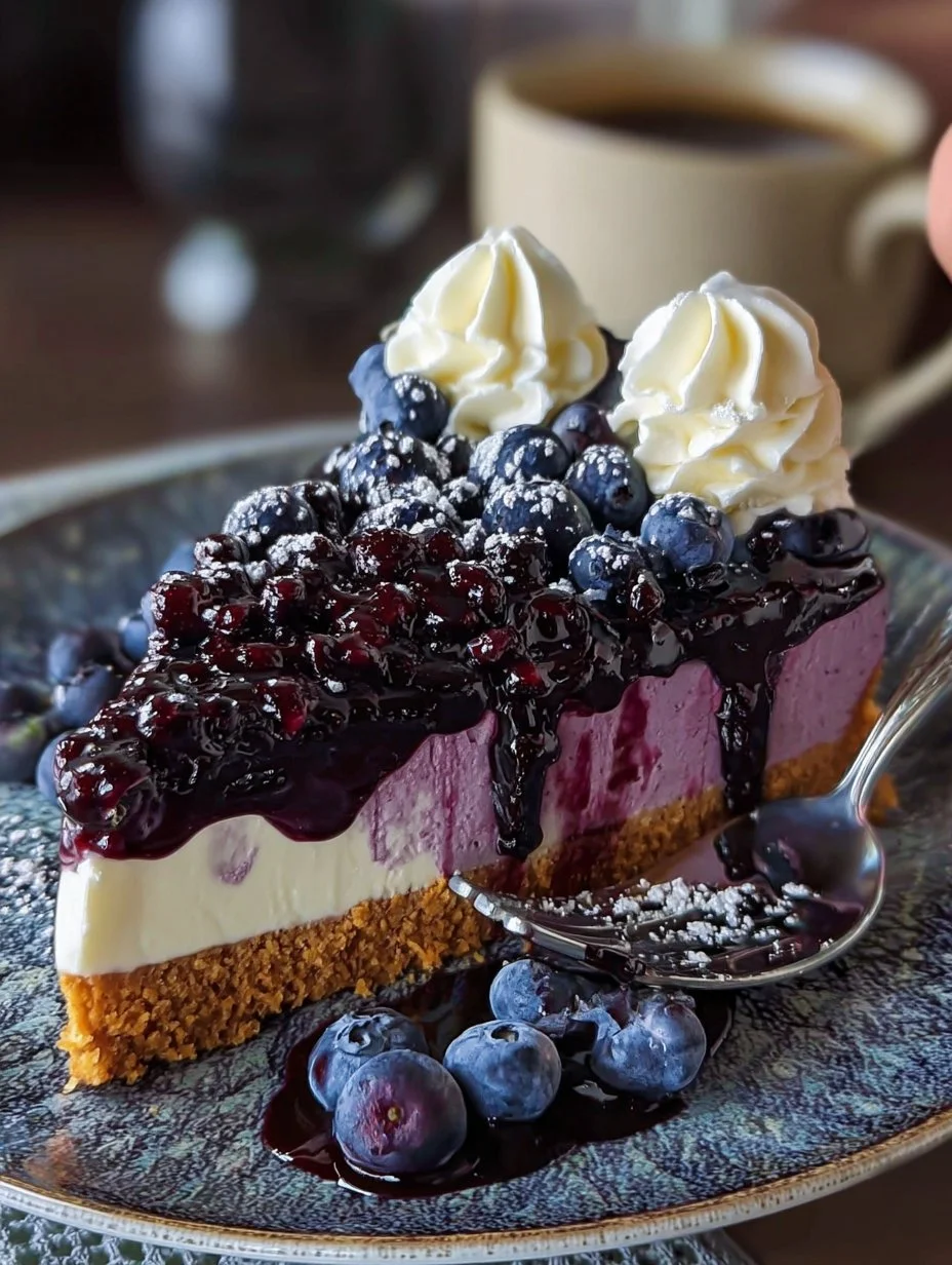 Slice of easy blueberry velvet cheesecake topped with fresh blueberries