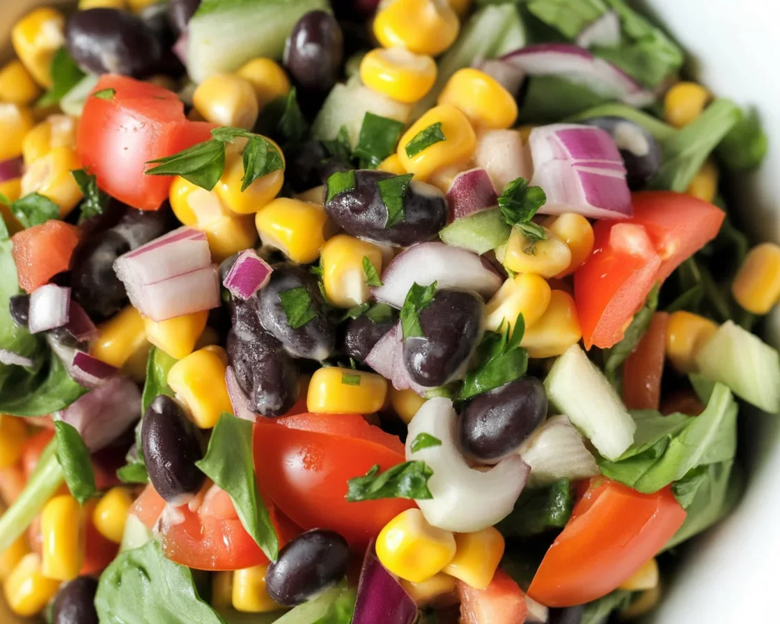 Delicious Vegetarian Black Bean Taco Salad with fresh ingredients and creamy dressing.