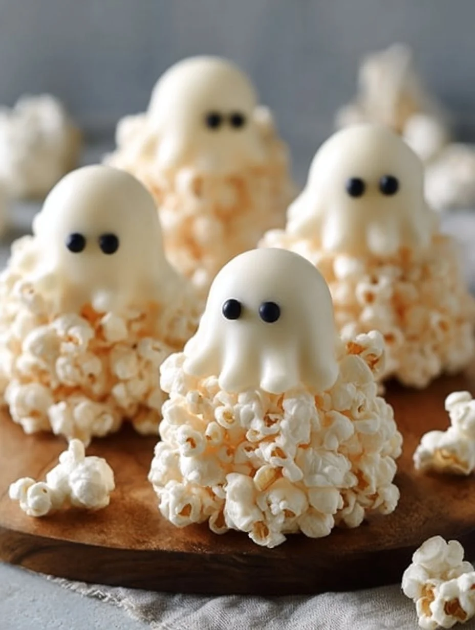 Halloween-themed ghost popcorn balls decorated for spooky celebrations