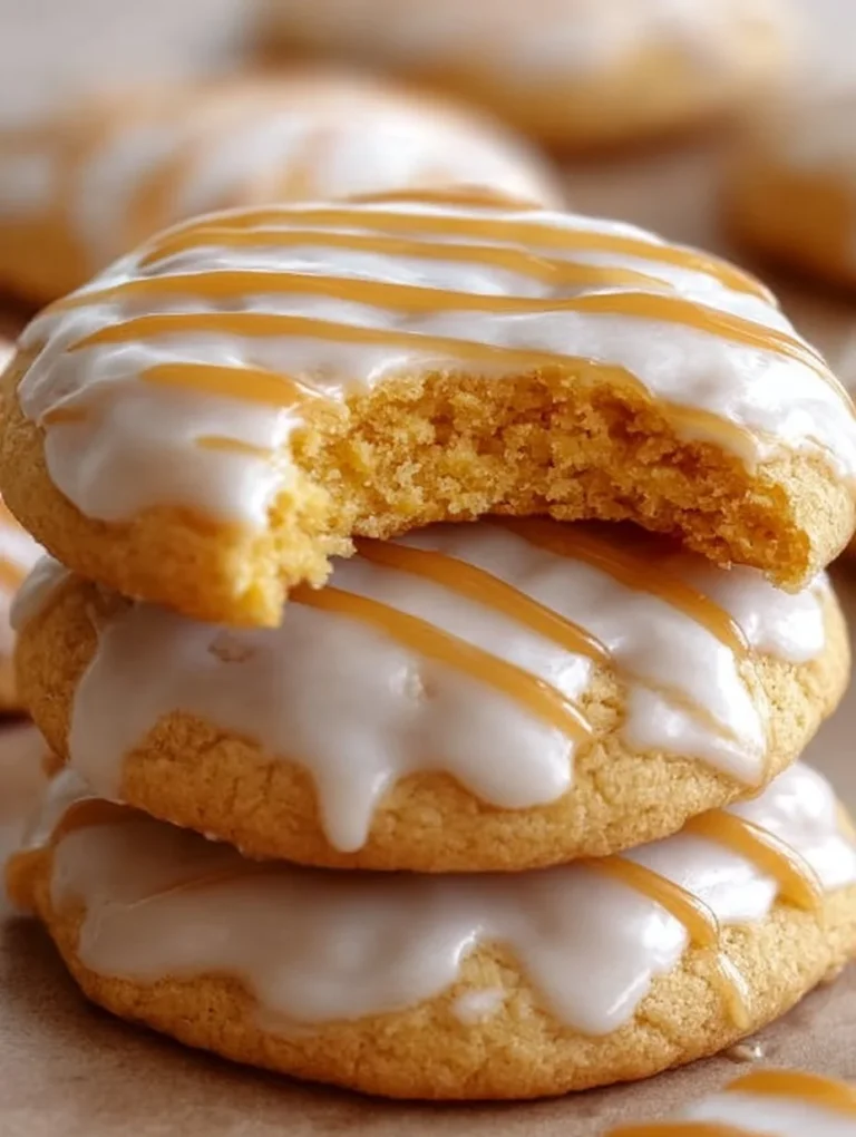Glazed pumpkin sugar cookies decorated with icing on a wooden table