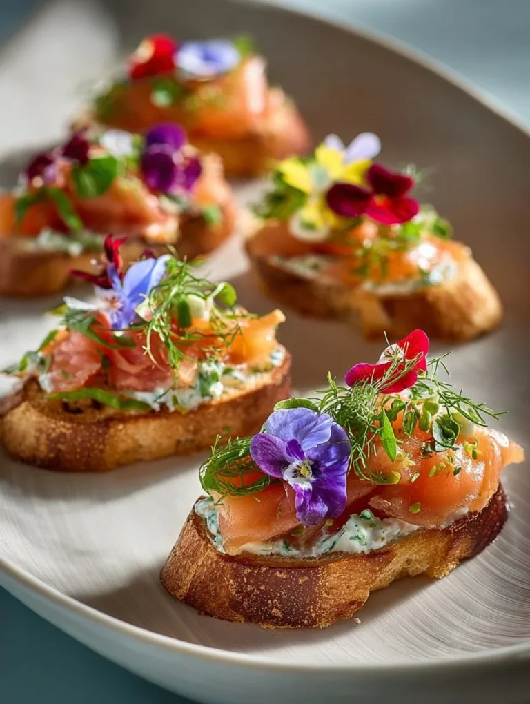 Gravlax crostini with salmon roe and edible flowers served on a platter