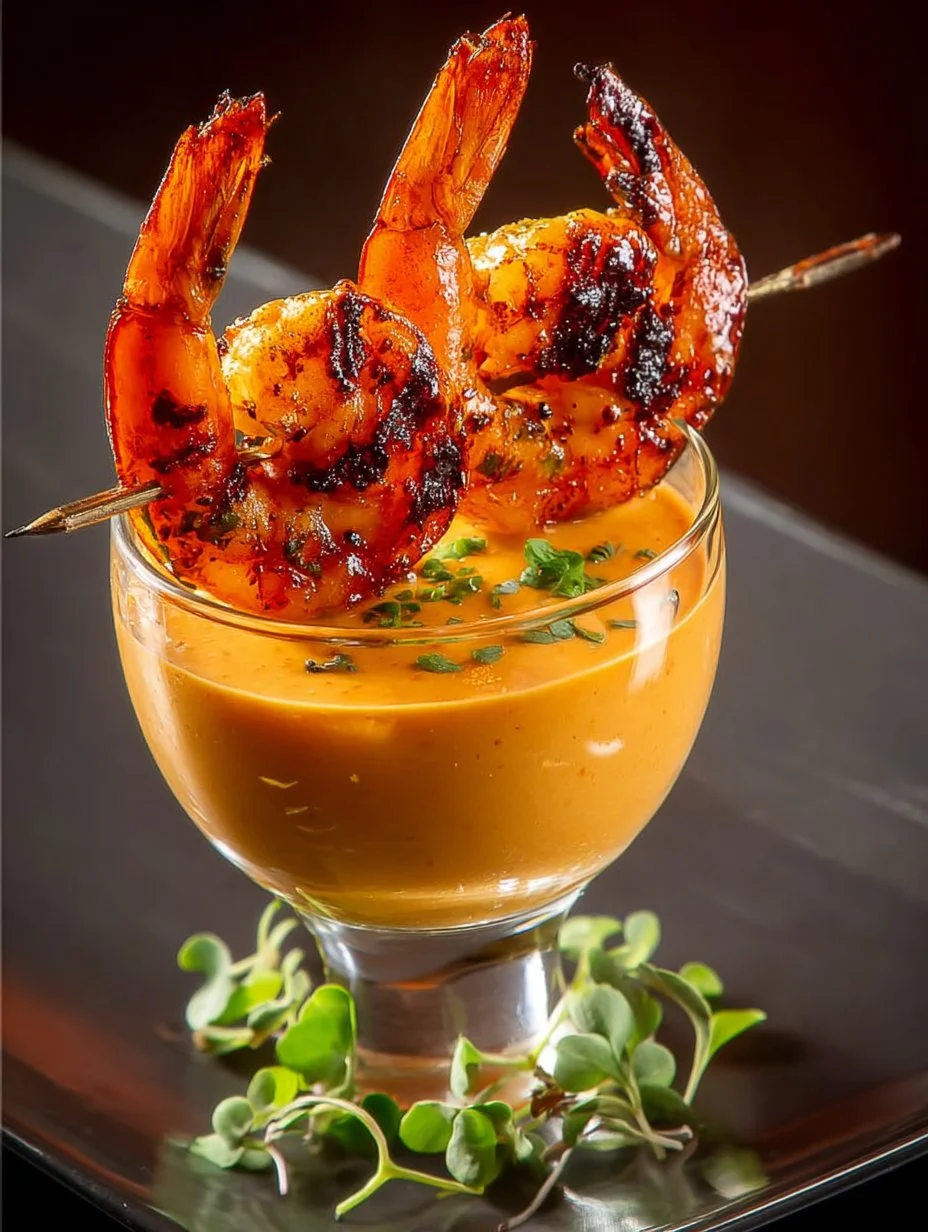 Grilled shrimp skewers with spicy cream sauce ready to serve.