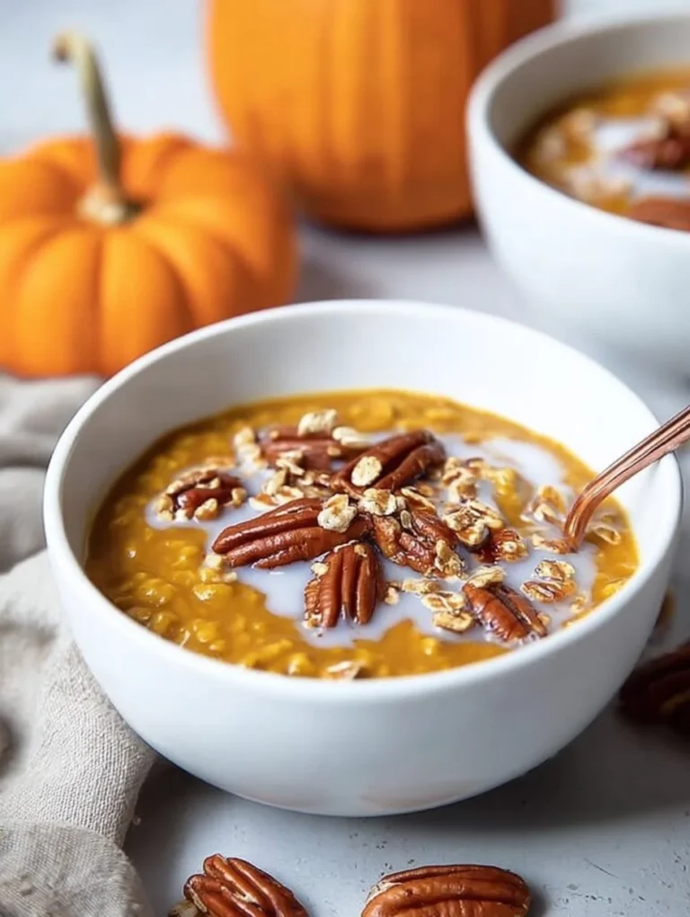 Bowl of healthy slow cooker pumpkin pie oatmeal topped with spices and pumpkin seeds.